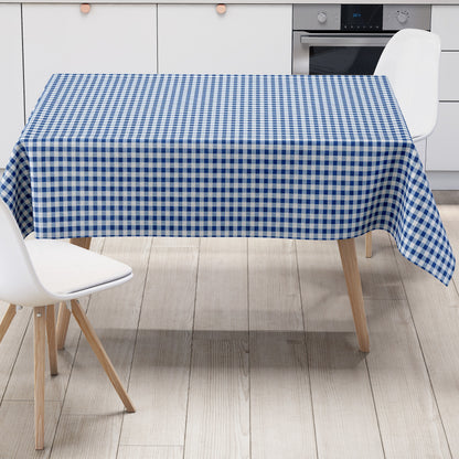 Blau-weiß karierte Wachstuch-Tischdecke in Nahaufnahme. Das feine Vichy-Karomuster besteht aus gleichmäßigen kleinen Quadraten und verläuft glatt und eben über die gesamte Fläche. Die Oberfläche wirkt faltenfrei und gleichmäßig ausgeleuchtet.