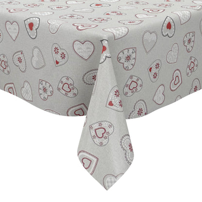Nappe en toile cirée gaufrée B1794-05 gris chiné coeurs amour maison de campagne carré rond ovale