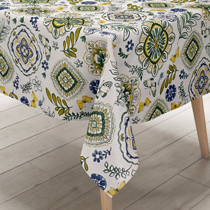 Nappe en toile cirée 160 cm de large grande taille B3013-02 Mandala ornements fleurs bleu vert jaune carré rond ovale