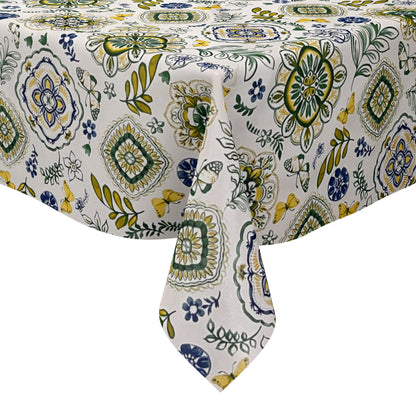 Nappe en toile cirée 160 cm de large grande taille B3013-02 Mandala ornements fleurs bleu vert jaune carré rond ovale