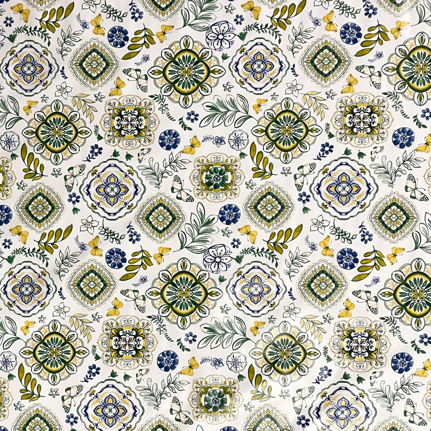 Nappe en toile cirée 160 cm de large grande taille B3013-02 Mandala ornements fleurs bleu vert jaune carré rond ovale