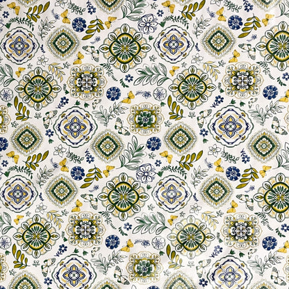 Nappe en toile cirée 160 cm de large grande taille B3013-02 Mandala ornements fleurs bleu vert jaune carré rond ovale