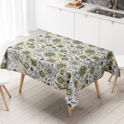 Nappe en toile cirée 160 cm de large grande taille B3013-02 Mandala ornements fleurs bleu vert jaune carré rond ovale