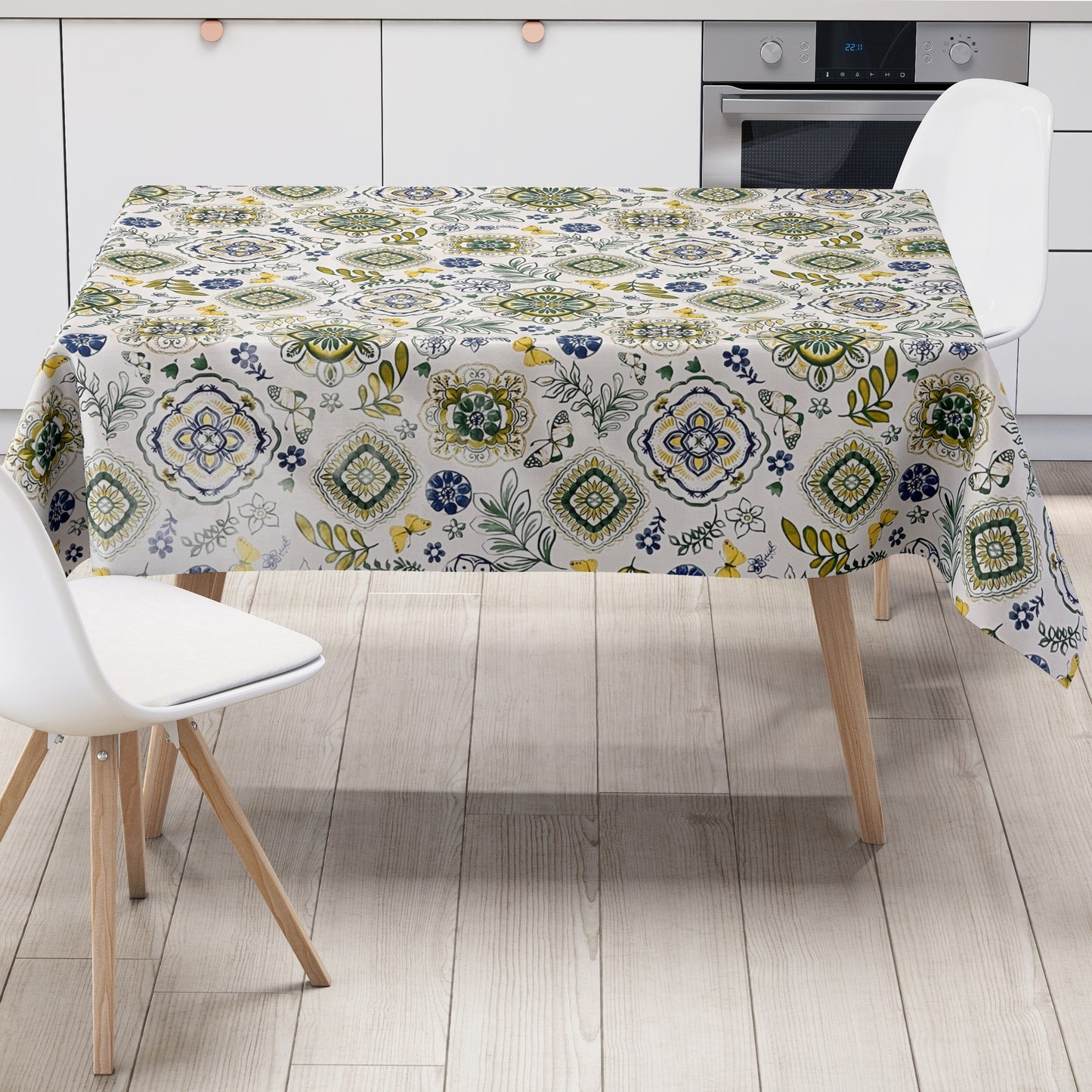 Nappe en toile cirée 160 cm de large grande taille B3013-02 Mandala ornements fleurs bleu vert jaune carré rond ovale