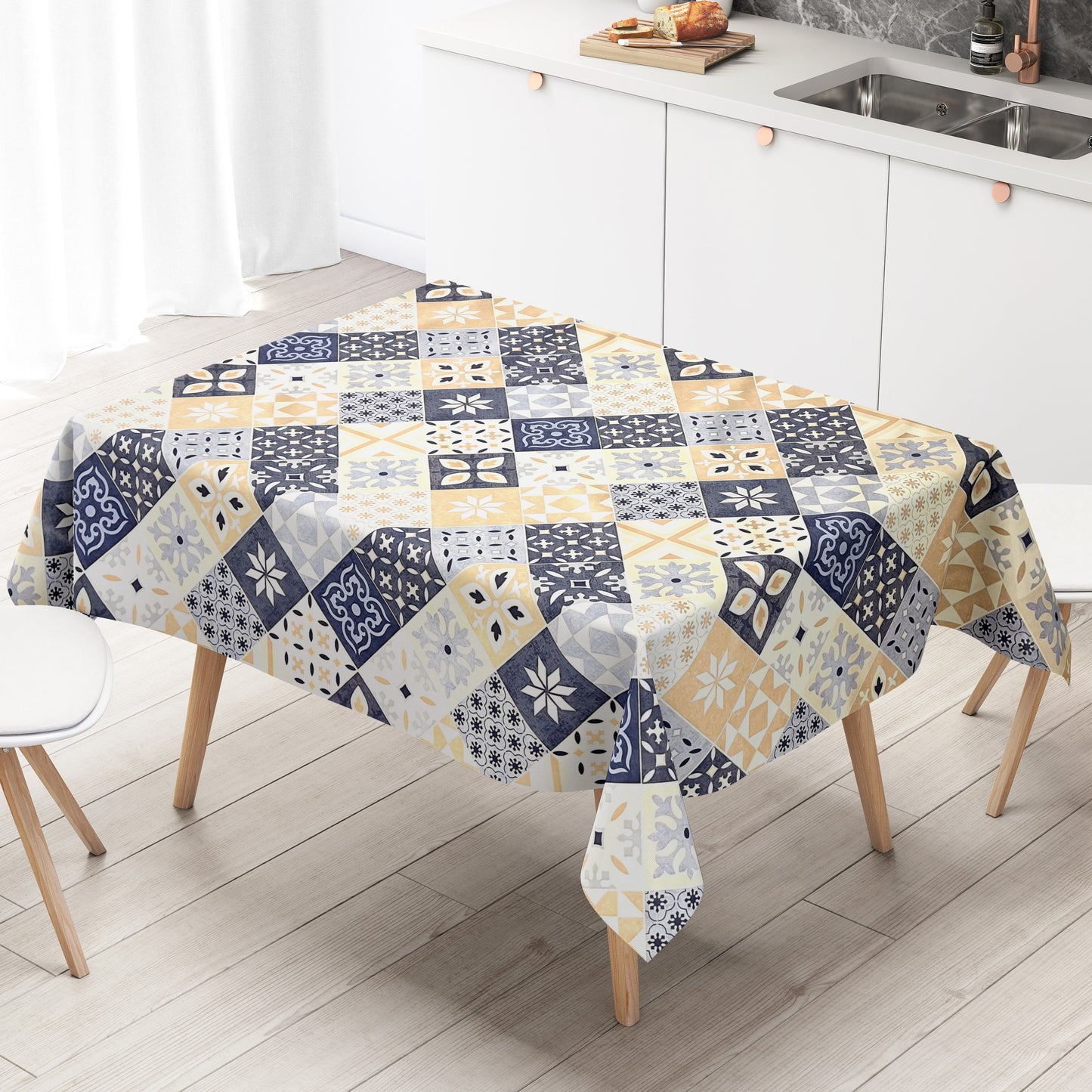 Wachstuch Tischdecke B4034-01 blau beige Mosaik Fliesen Porto eckig rund oval