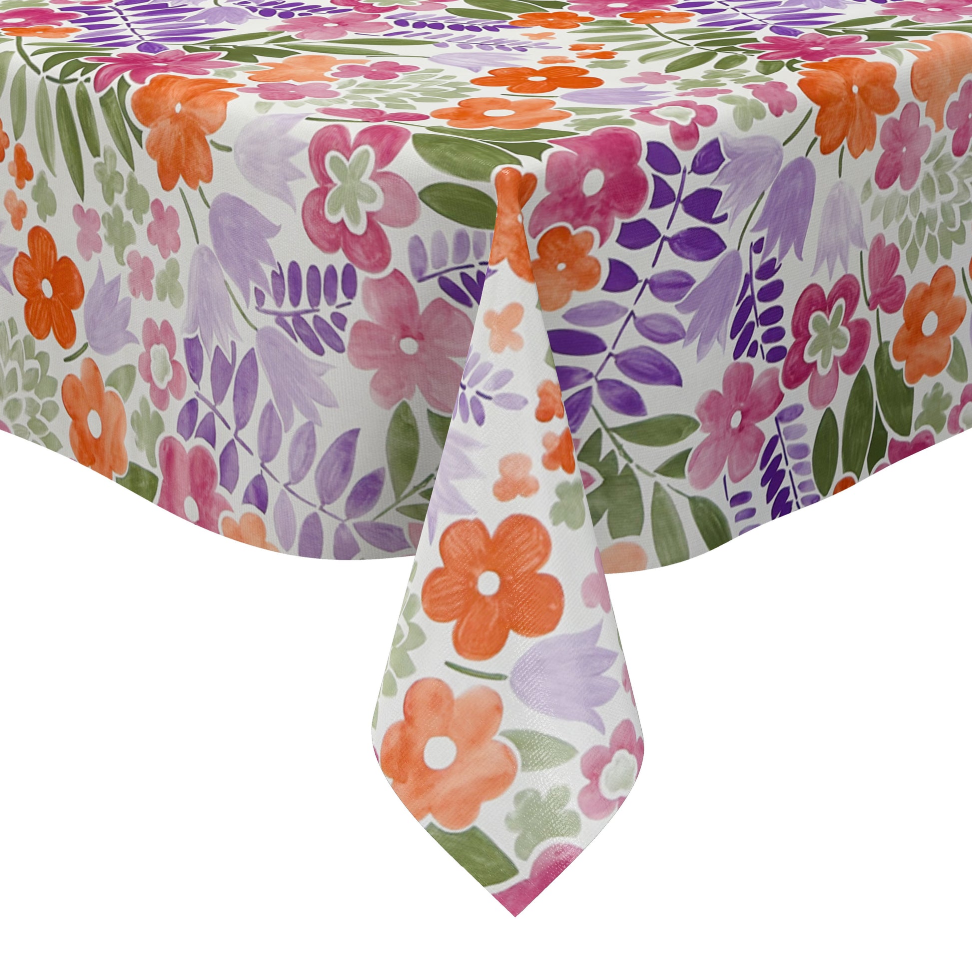Florale Wachstuch-Tischdecke mit pinken, orangen und violetten Blüten sowie grünen Blättern auf hellem Hintergrund, dichtes und verspieltes Muster für fröhliche und farbenfrohe Tischdekoration