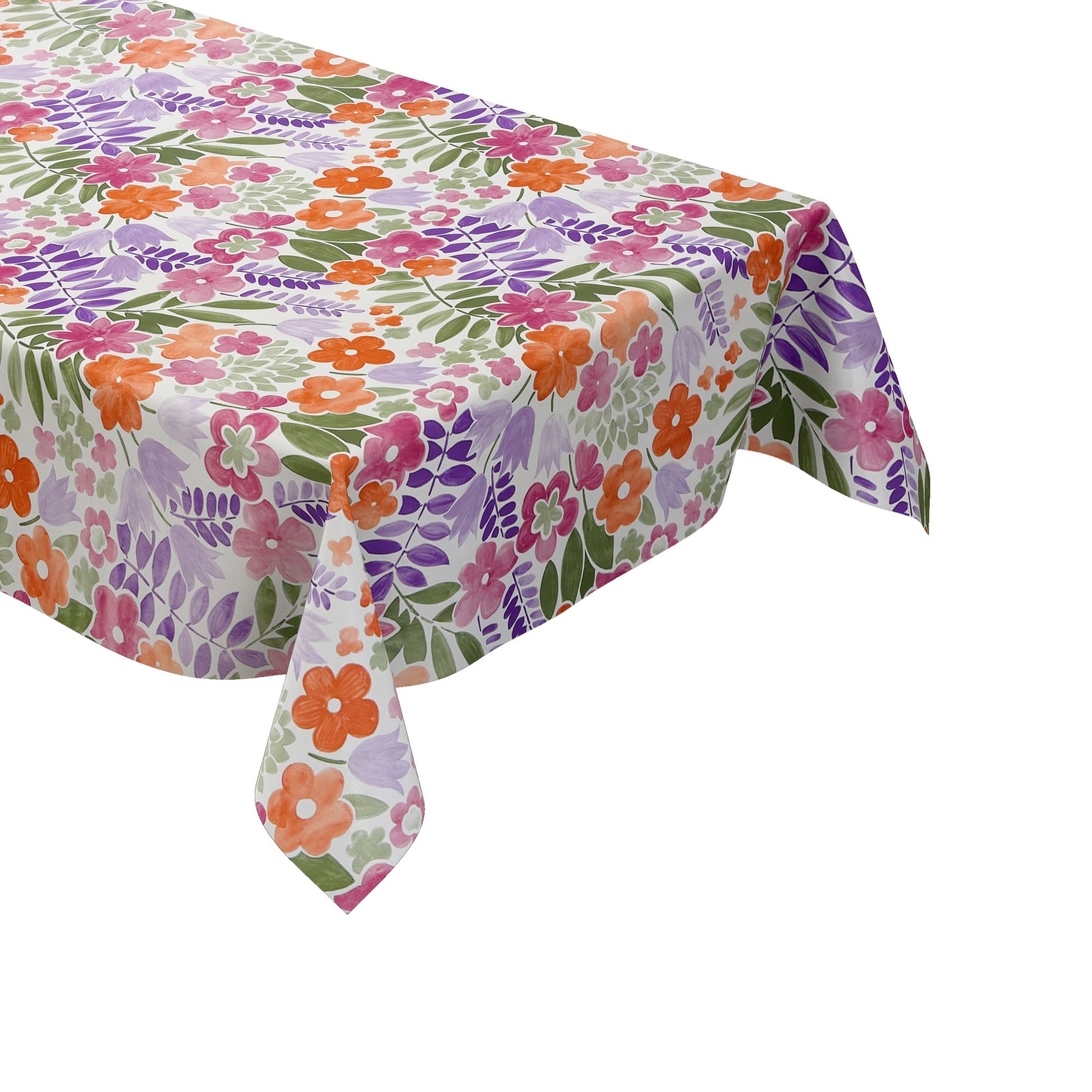Florale Wachstuch-Tischdecke mit pinken, orangen und violetten Blüten sowie grünen Blättern auf hellem Hintergrund, dichtes und verspieltes Muster für fröhliche und farbenfrohe Tischdekoration