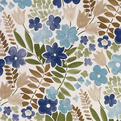 Florale Wachstuch-Tischdecke mit blauen und türkisen Blüten, grünen Blättern und beigen Akzenten auf hellem Hintergrund, lebendiges und frisches Muster für frühlingshafte Tischdekoration