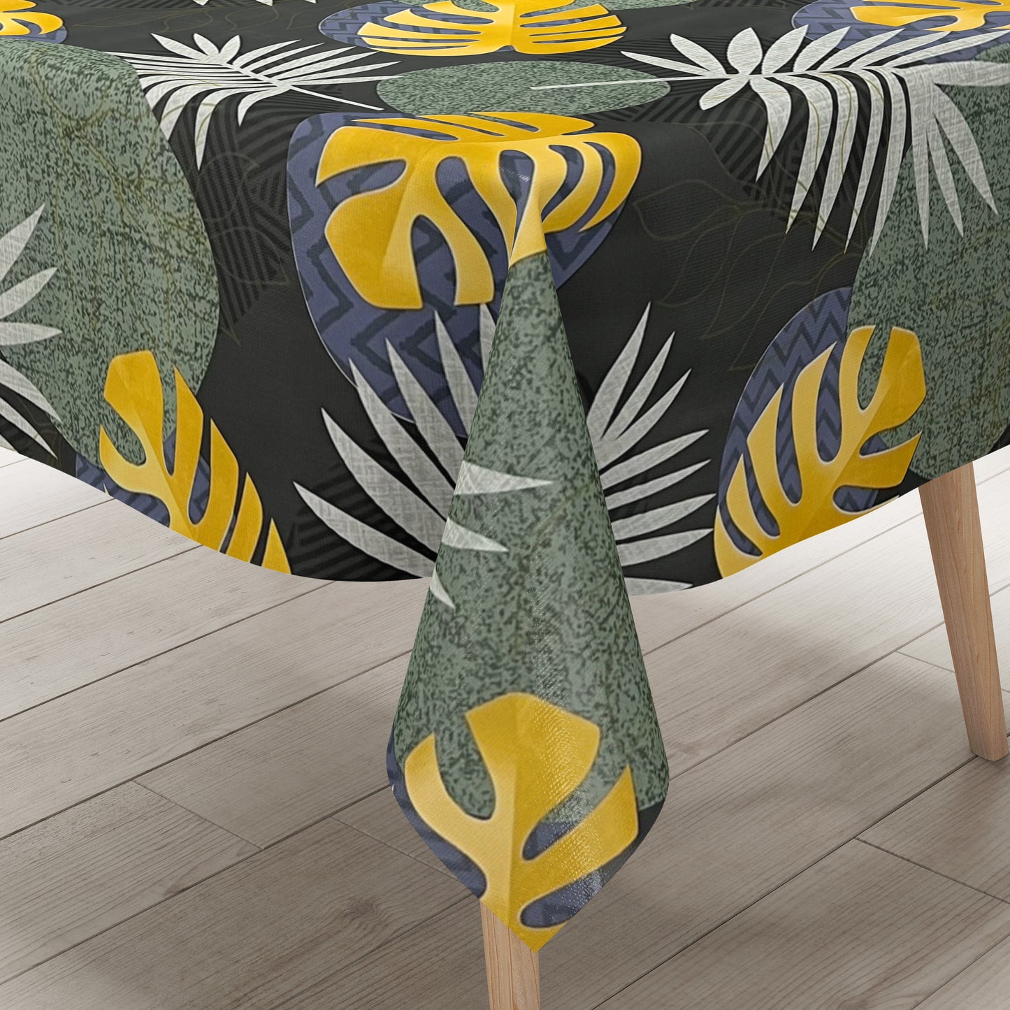 Oilcloth tablecloth B5054-02 green gold jungle monstera palms square round oval sold by the meter