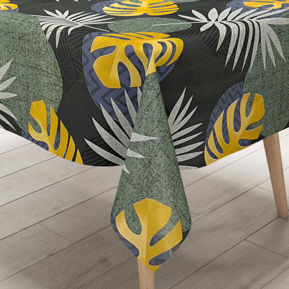 Oilcloth tablecloth B5054-02 green gold jungle monstera palms square round oval sold by the meter