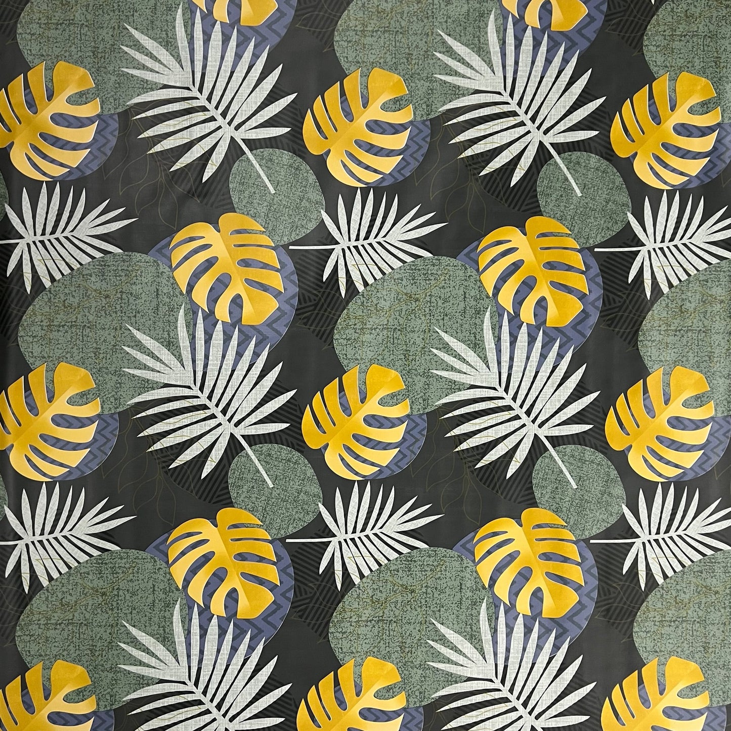 Oilcloth tablecloth B5054-02 green gold jungle monstera palms square round oval sold by the meter