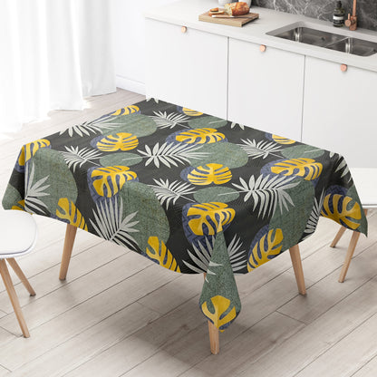Oilcloth tablecloth B5054-02 green gold jungle monstera palms square round oval sold by the meter