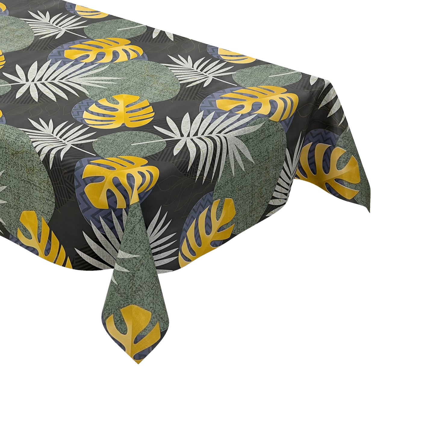 Oilcloth tablecloth B5054-02 green gold jungle monstera palms square round oval sold by the meter