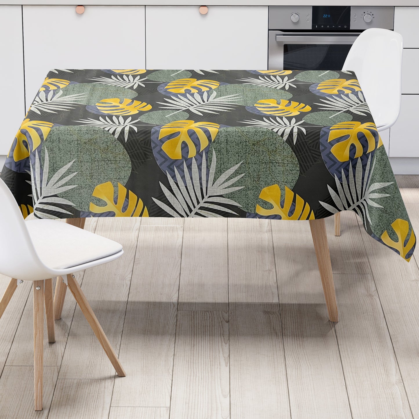 Oilcloth tablecloth B5054-02 green gold jungle monstera palms square round oval sold by the meter