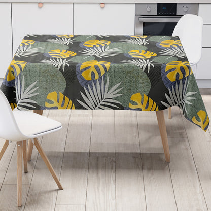 Oilcloth tablecloth B5054-02 green gold jungle monstera palms square round oval sold by the meter