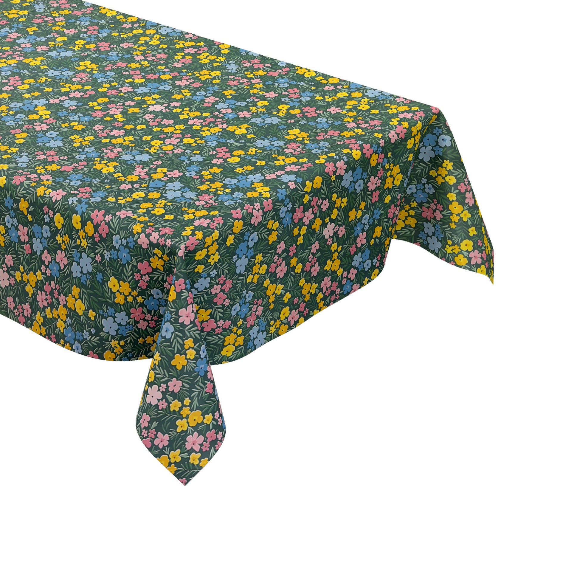 Dunkelgrüne Wachstuch-Tischdecke mit buntem Streublumenmuster aus kleinen gelben, rosa und blauen Blüten sowie feinen grünen Blättern, die über die gesamte Oberfläche verteilt sind.