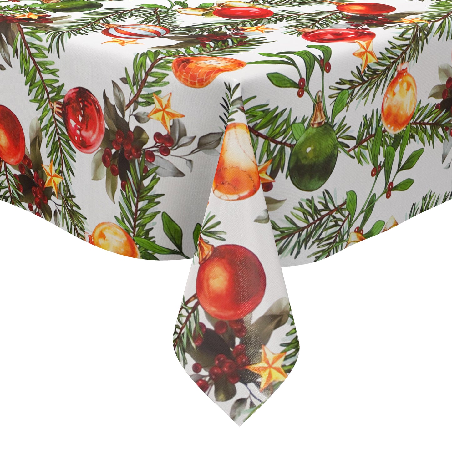 Weihnachtliche Wachstuch-Tischdecke auf weißem Hintergrund mit locker angeordneten grünen Tannenzweigen, roten, goldenen und grünen Christbaumkugeln sowie kleinen Beeren und Sternen im handgemalten Stil.
