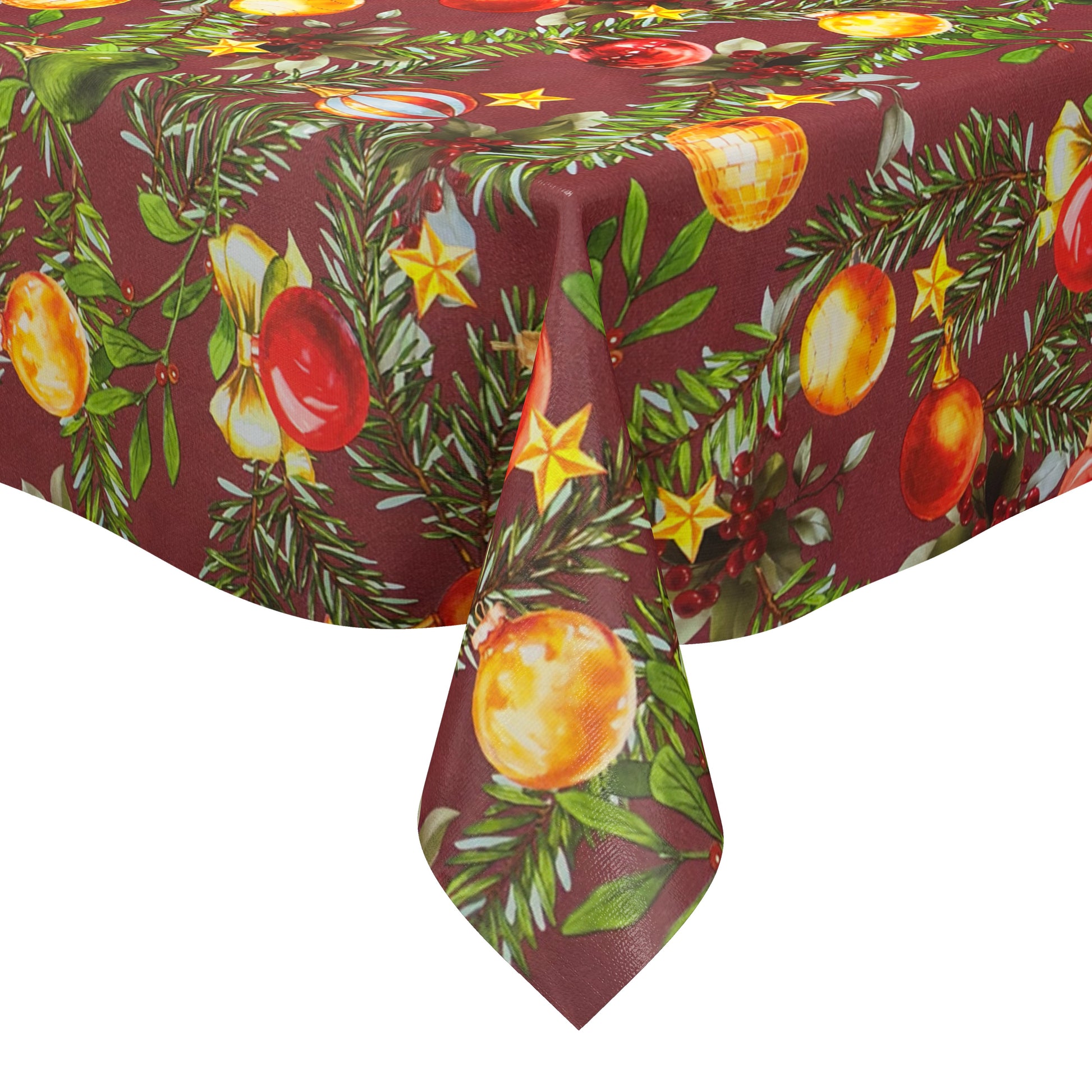 Weihnachtliche Wachstuch-Tischdecke mit bordeauxfarbenem Hintergrund, verziert mit grünen Tannenzweigen, roten, goldenen und grünen Christbaumkugeln sowie kleinen Sternen und Beeren im handgemalten Stil.