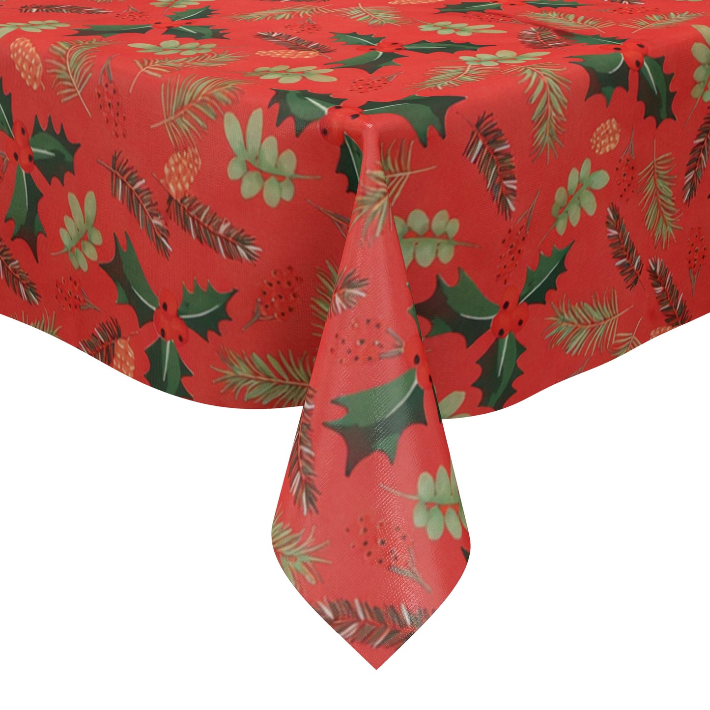 Weihnachtliche Wachstuch-Tischdecke auf rotem Hintergrund mit gleichmäßig verteilten Tannenzweigen, Tannenzapfen, Blättern und kleinen Beeren in einem natürlichen, dekorativen Stil.