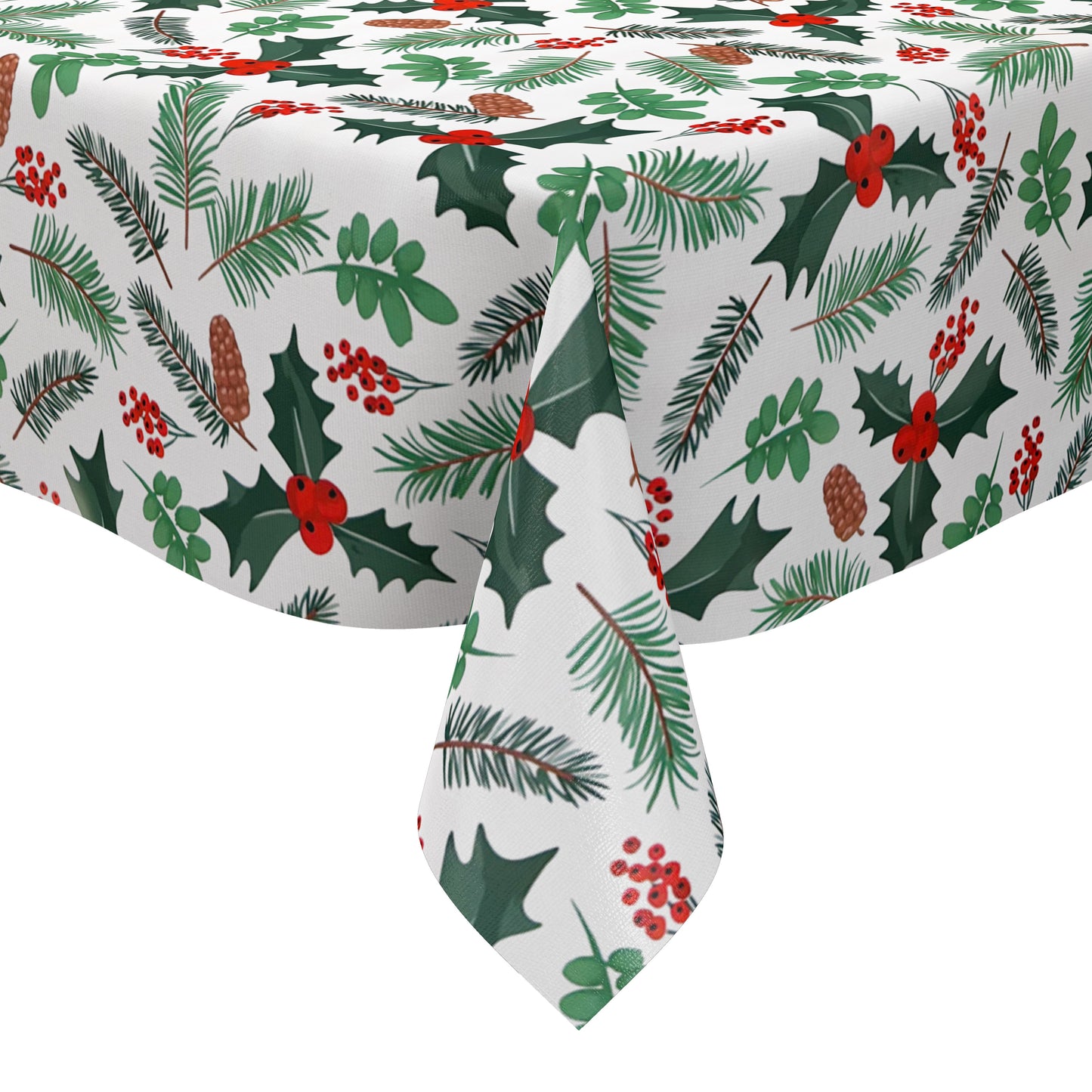 Weihnachtliche Wachstuch-Tischdecke auf weißem Hintergrund mit Tannenzweigen, Tannenzapfen, grünen Blättern und roten Beeren in einem leichten, natürlichen Muster.