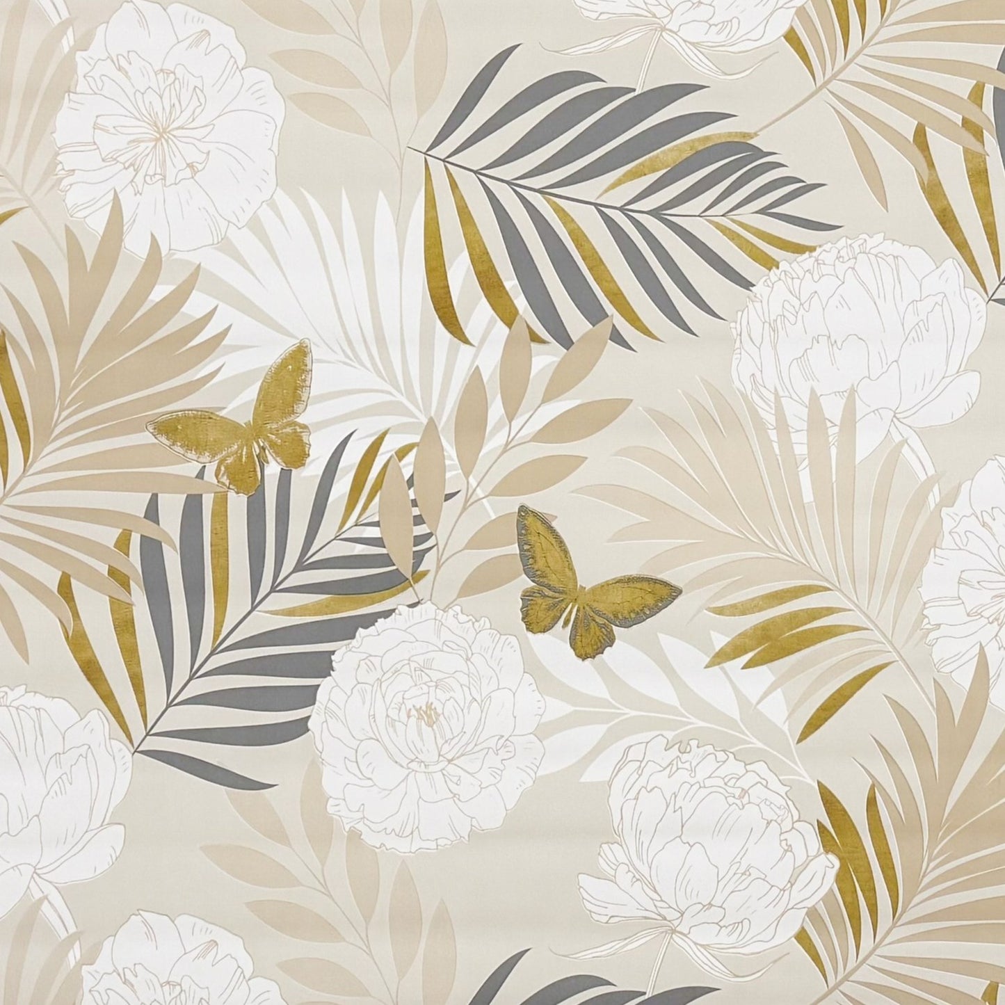 Wachstuch Tischdecke beige mit goldenen Schmetterlingen und Blüten