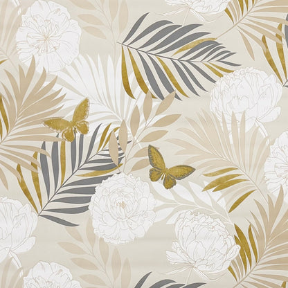 Wachstuch Tischdecke beige mit goldenen Schmetterlingen und Blüten