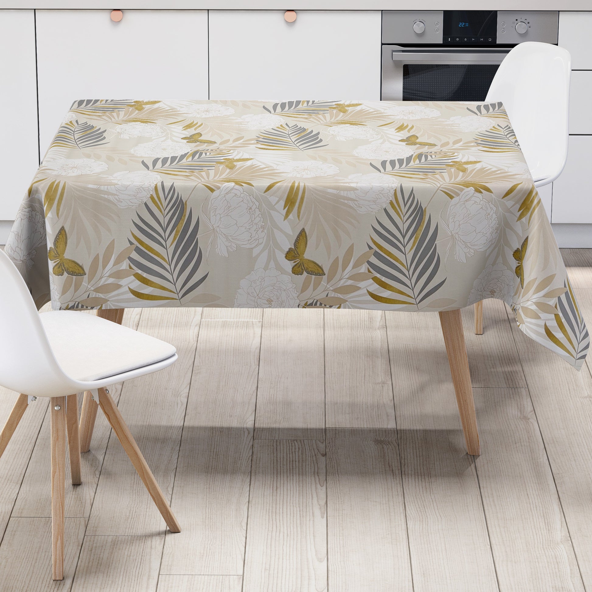 Wachstuch Tischdecke beige mit goldenen Schmetterlingen und Blüten