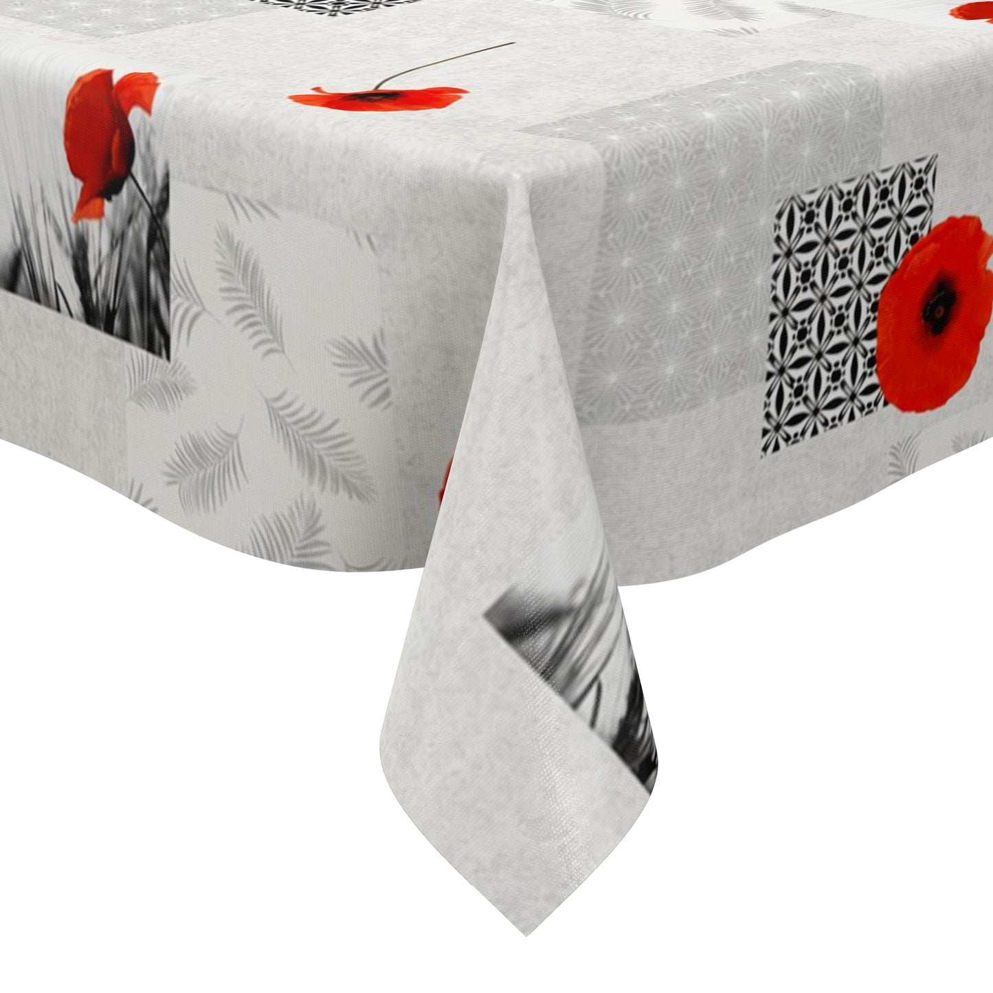 Wachstuch-Tischdecke mit modernem Mohnblumen-Motiv auf hellem Hintergrund. Das Design kombiniert leuchtend rote Mohnblüten mit geometrischen Mustern, filigranen Blattmotiven und dekorativen Schwarz-Weiß-Fotoelementen im Patchwork-Stil. Die wasserabweisende Tischdecke fällt gleichmäßig über die Kanten eines rechteckigen Tisches und ist vor weißem Hintergrund freigestellt dargestellt.