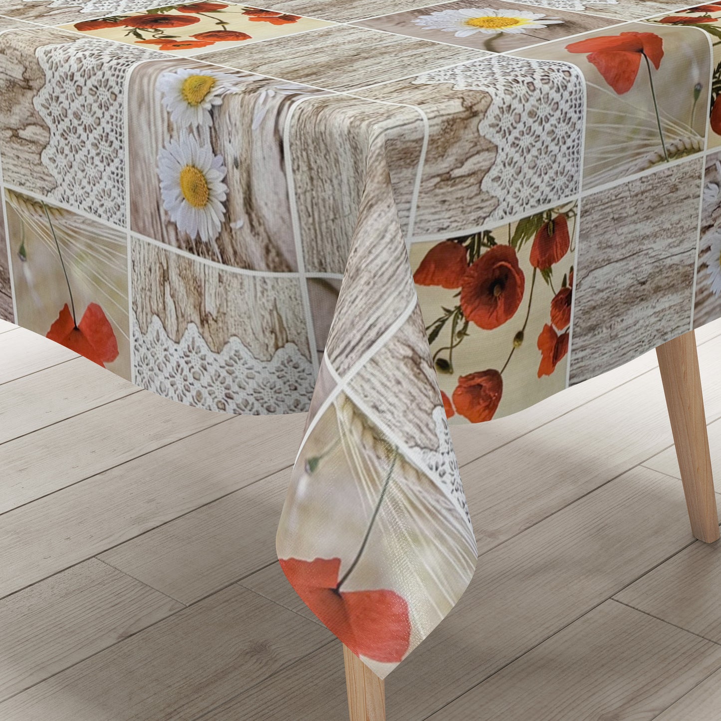 Oilcloth tablecloth C145111 poppies daisies wood knit square round oval