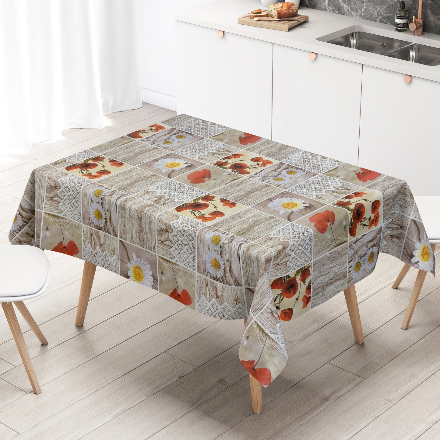 Oilcloth tablecloth C145111 poppies daisies wood knit square round oval