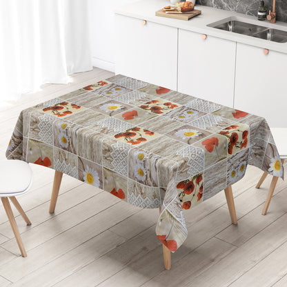 Oilcloth tablecloth C145111 poppies daisies wood knit square round oval