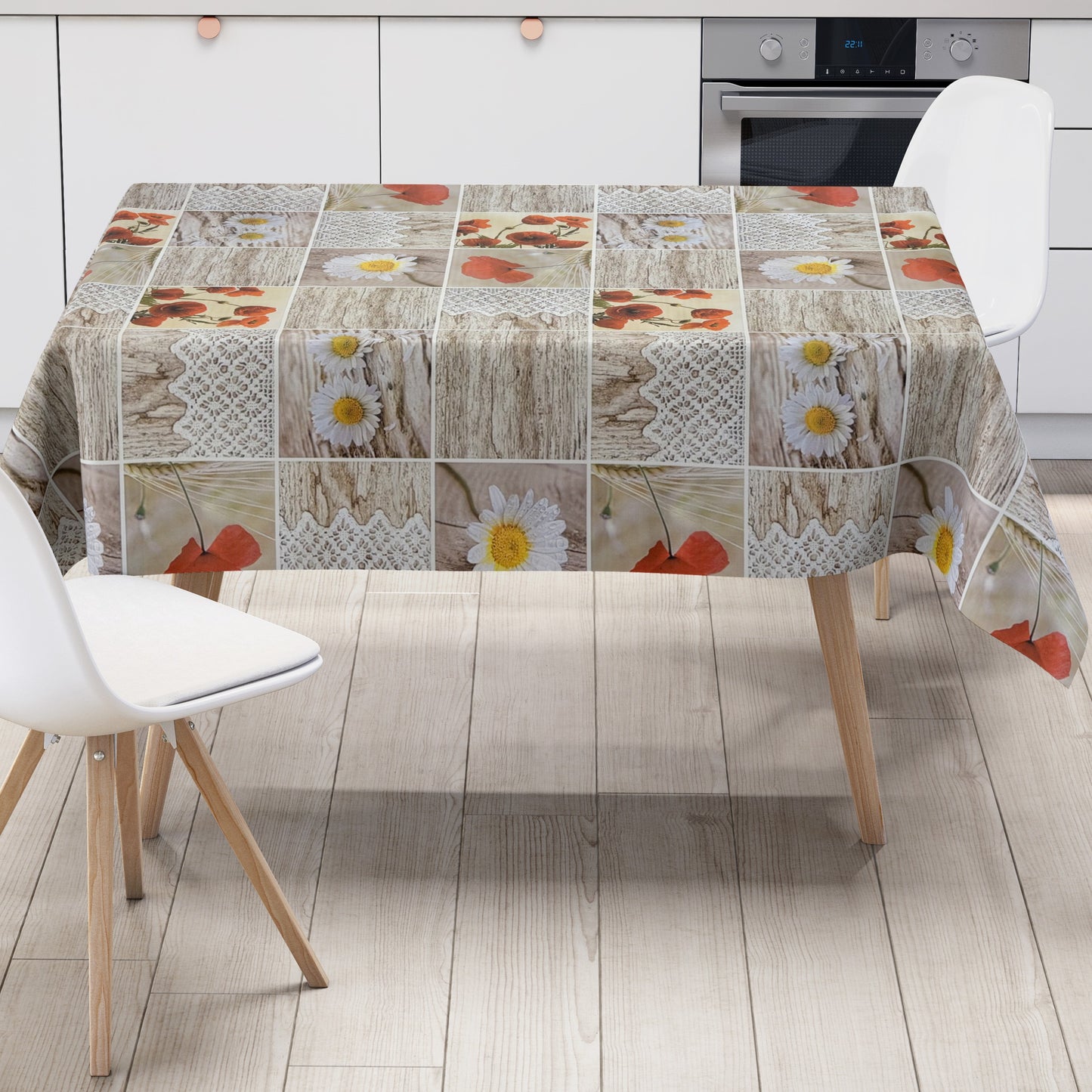 Oilcloth tablecloth C145111 poppies daisies wood knit square round oval