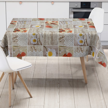 Oilcloth tablecloth C145111 poppies daisies wood knit square round oval