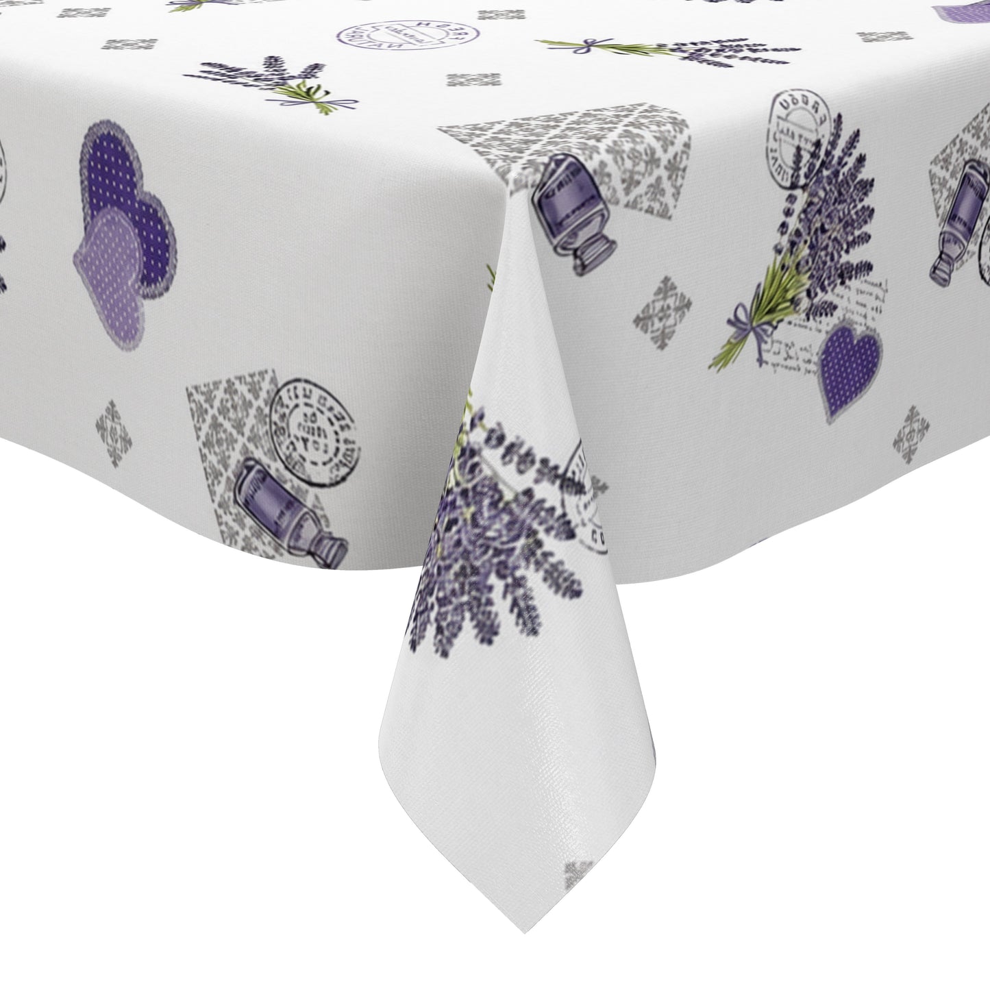 Wachstuch-Tischdecke mit romantischem Lavendel-Motiv auf weißem Hintergrund. Das Design zeigt Lavendelsträuße, lilafarbene Herzen, kleine Lavendelöl-Fläschchen, florale Ornamente und dekorative Vintage-Schriftzüge. Die wasserabweisende Tischdecke fällt gleichmäßig über die Kanten eines rechteckigen Tisches und ist vor weißem Hintergrund freigestellt dargestellt.