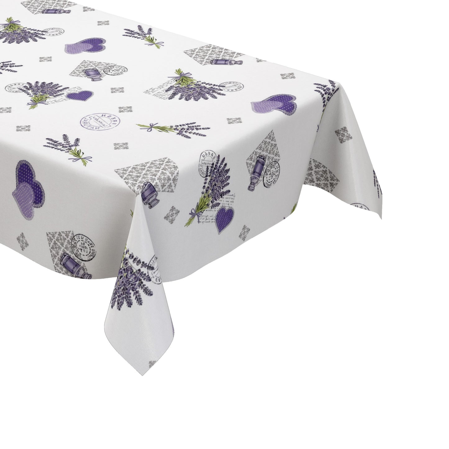 Wachstuch-Tischdecke mit romantischem Lavendel-Motiv auf weißem Hintergrund. Das Design zeigt Lavendelsträuße, lilafarbene Herzen, kleine Lavendelöl-Fläschchen, florale Ornamente und dekorative Vintage-Schriftzüge. Die wasserabweisende Tischdecke fällt gleichmäßig über die Kanten eines rechteckigen Tisches und ist vor weißem Hintergrund freigestellt dargestellt.