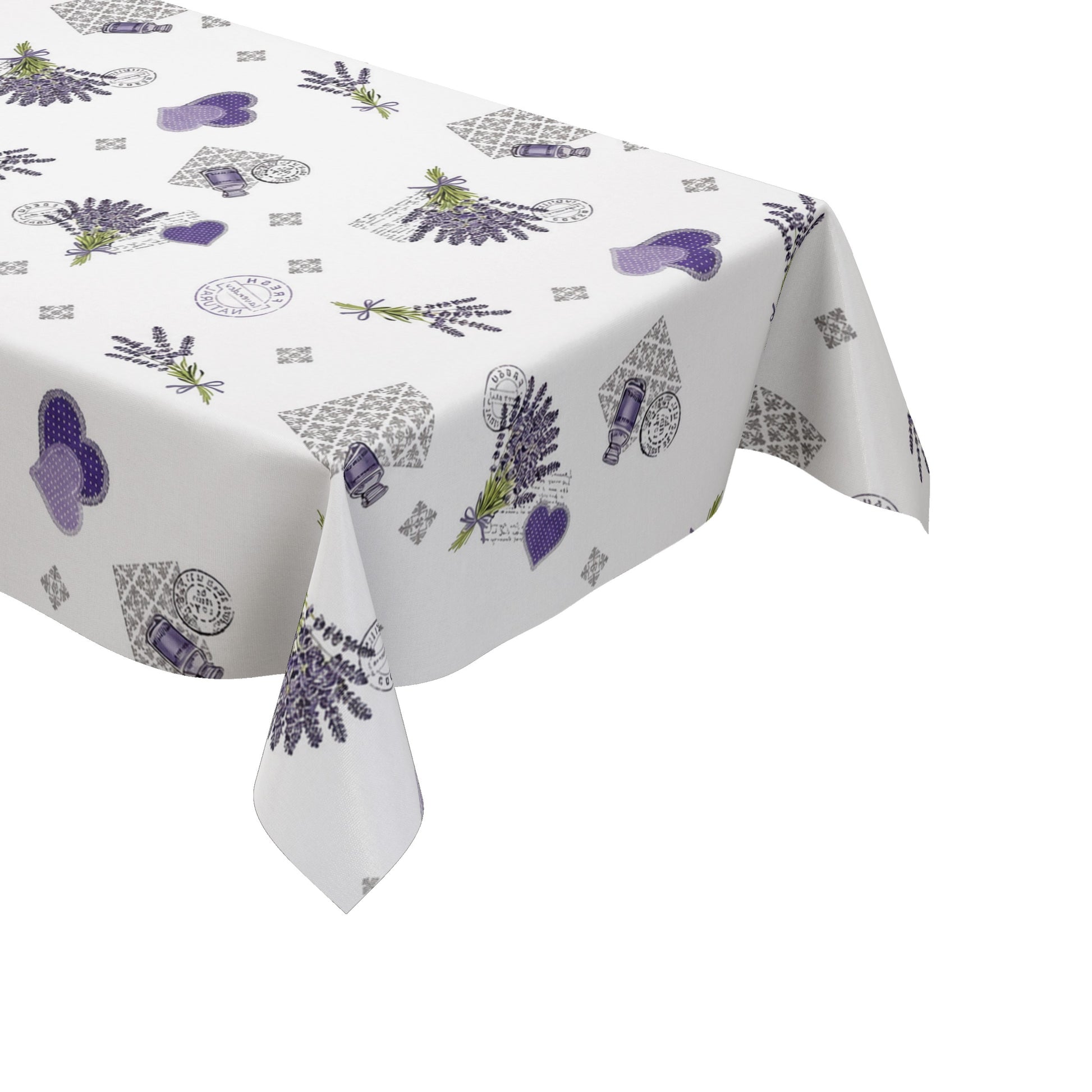 Wachstuch-Tischdecke mit romantischem Lavendel-Motiv auf weißem Hintergrund. Das Design zeigt Lavendelsträuße, lilafarbene Herzen, kleine Lavendelöl-Fläschchen, florale Ornamente und dekorative Vintage-Schriftzüge. Die wasserabweisende Tischdecke fällt gleichmäßig über die Kanten eines rechteckigen Tisches und ist vor weißem Hintergrund freigestellt dargestellt.