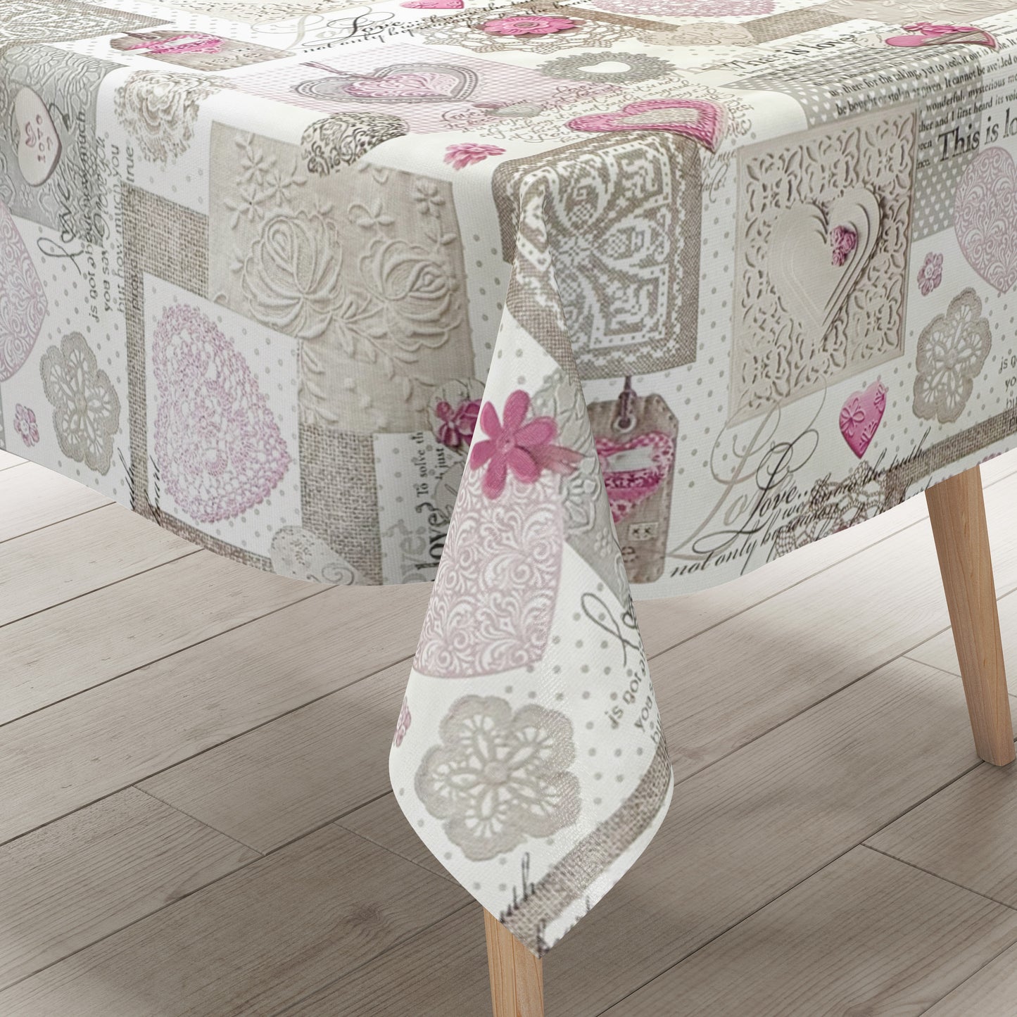 Nappe en toile cirée C146061 rose LOVE coeurs carré rond ovale vendue au mètre