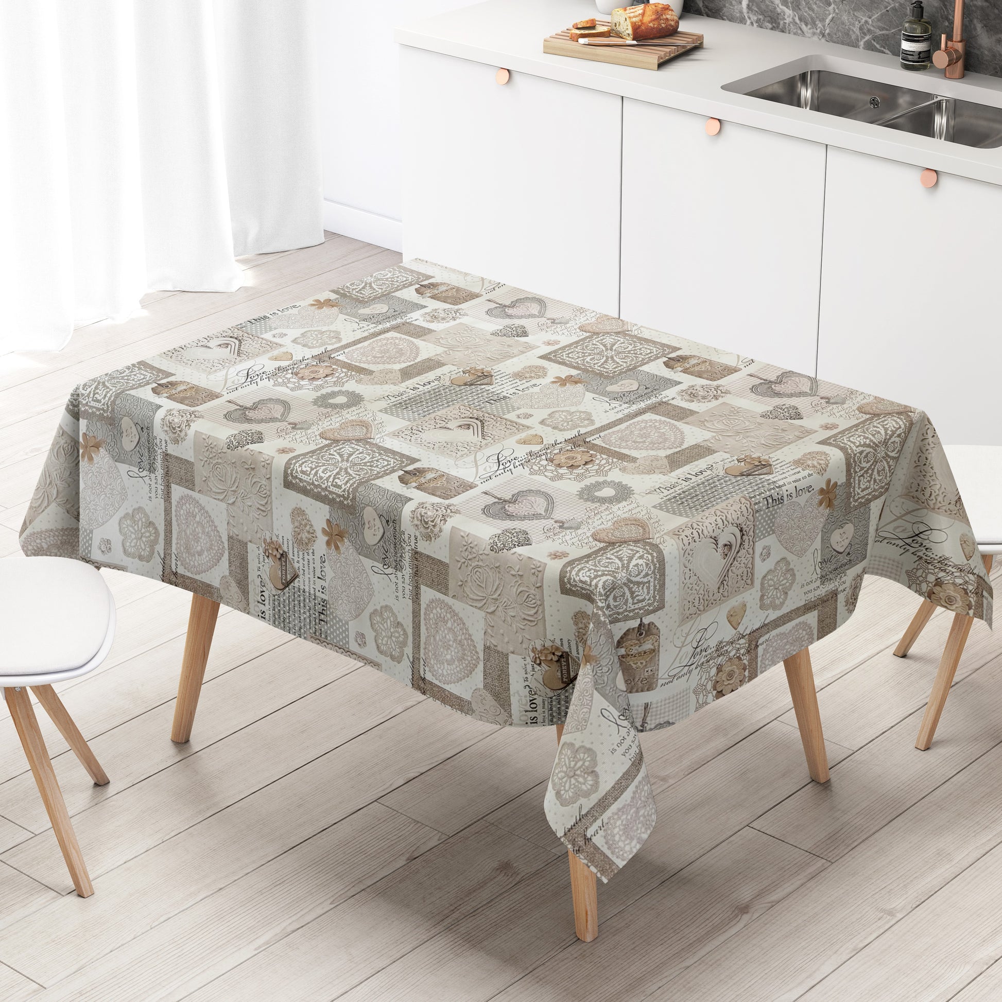 Wachstuch Tischdecke LOve Herzen beige