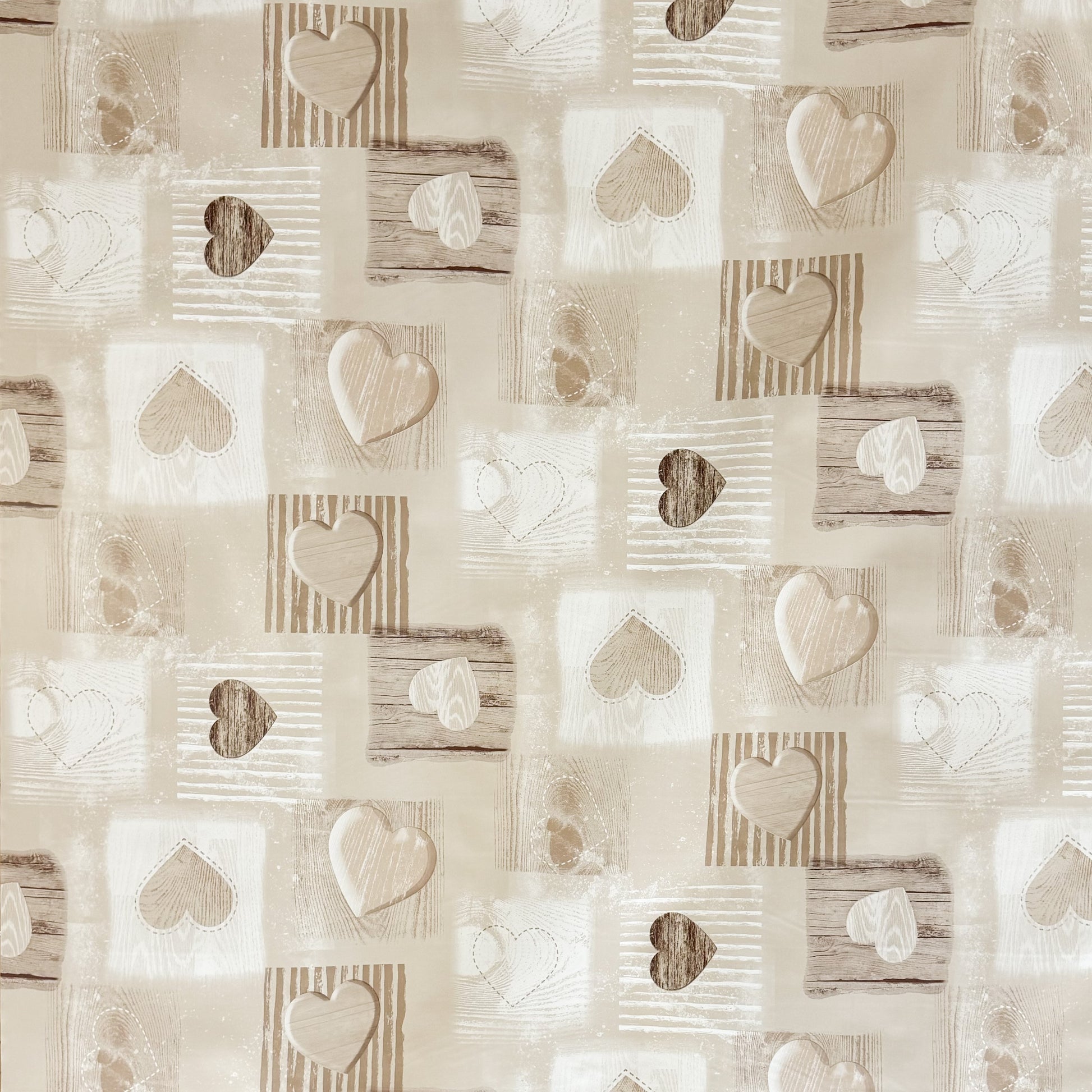 Wachstuch Tischdecke Holz Herzen beige
