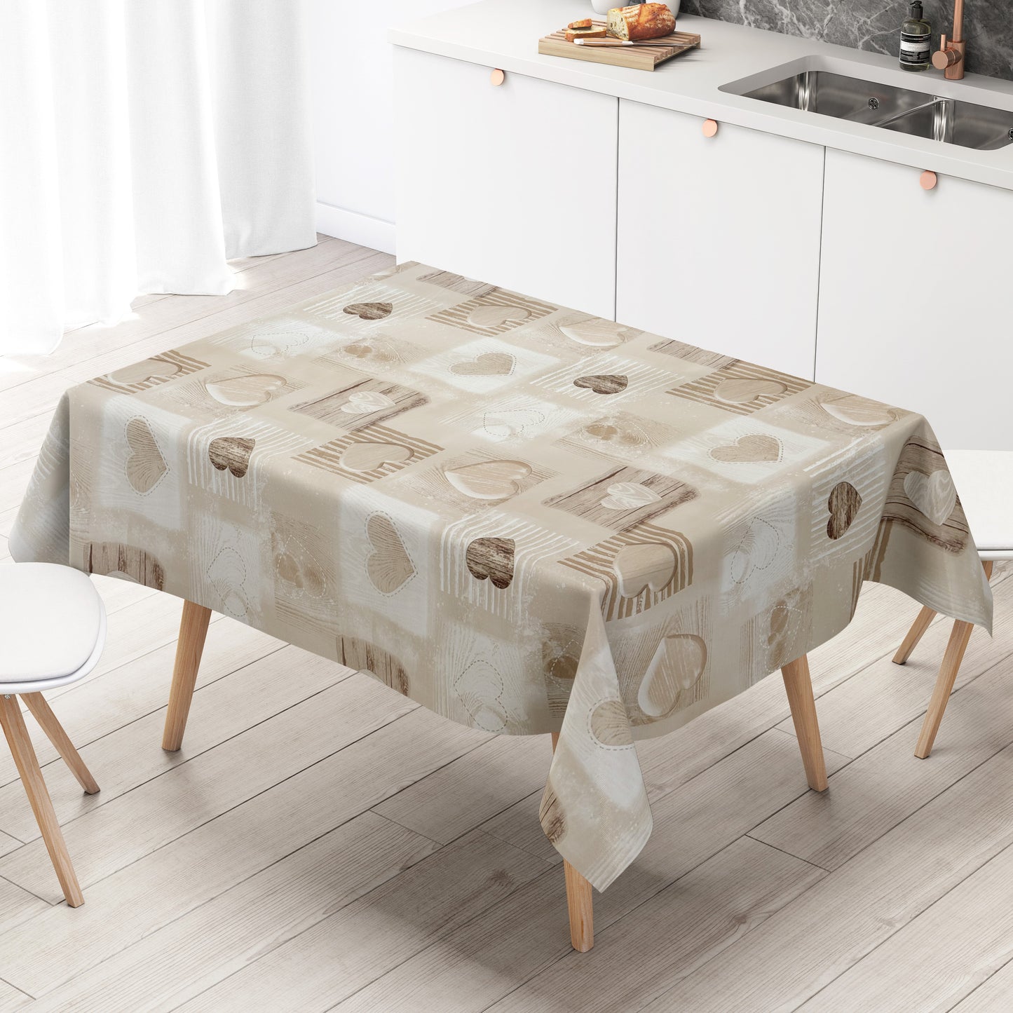 Wachstuch Tischdecke Holz Herzen beige
