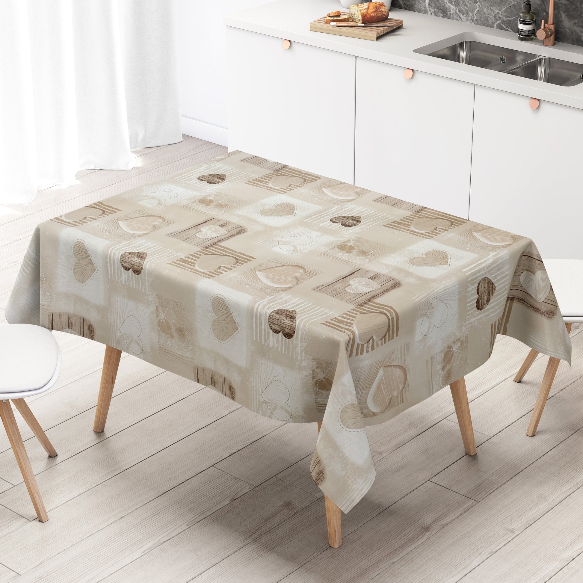 Wachstuch Tischdecke Holz Herzen beige