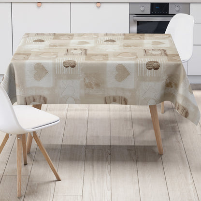 Wachstuch Tischdecke Holz Herzen beige