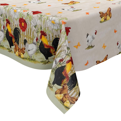 Nappe en toile cirée motif bordure C146261 beige poulets poussins de ferme carré rond ovale