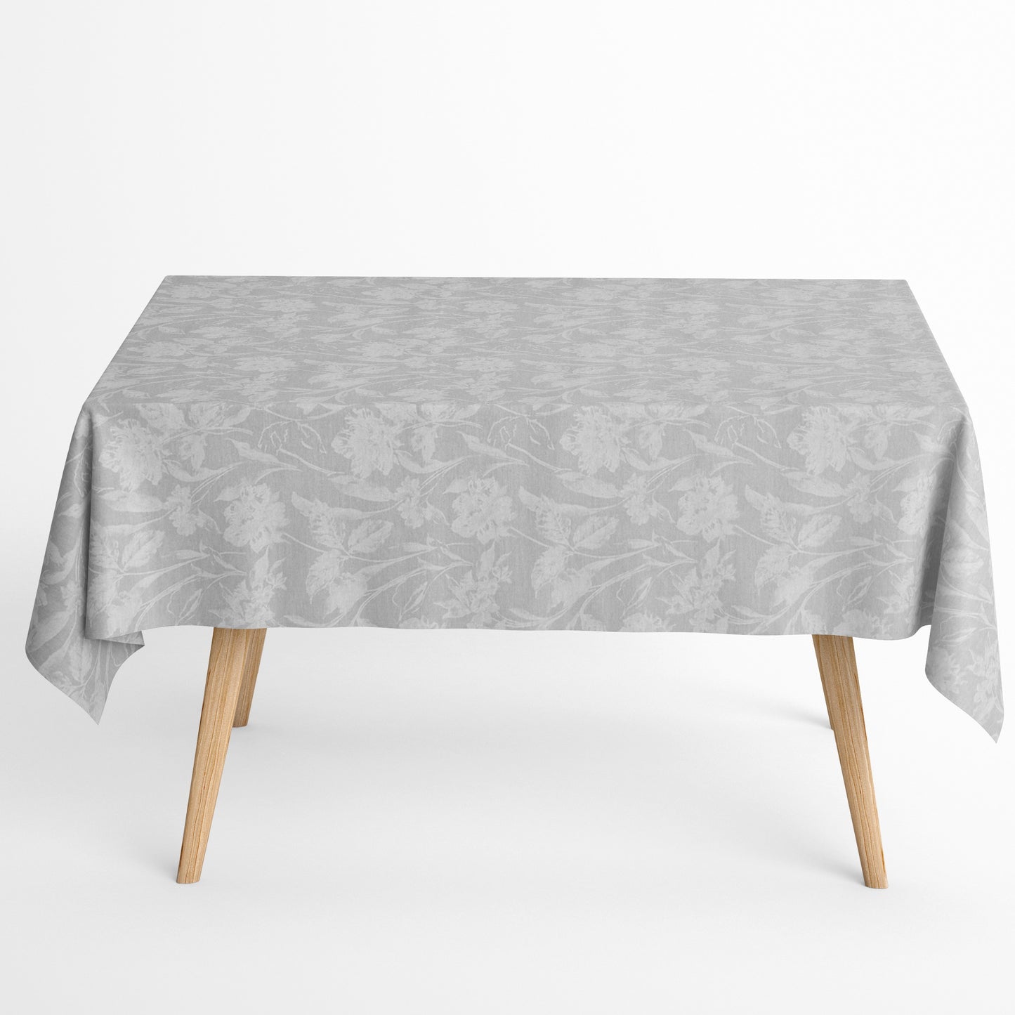 Beschichtete Baumwoll-Tischdecke mit Fleckenschutz im Design CARDUCHO, hellgrauer Hintergrund mit einem dezenten Ton-in-Ton-Allover-Muster aus filigranen Wiesenblumen, Gräsern und Blättern in Weiß.