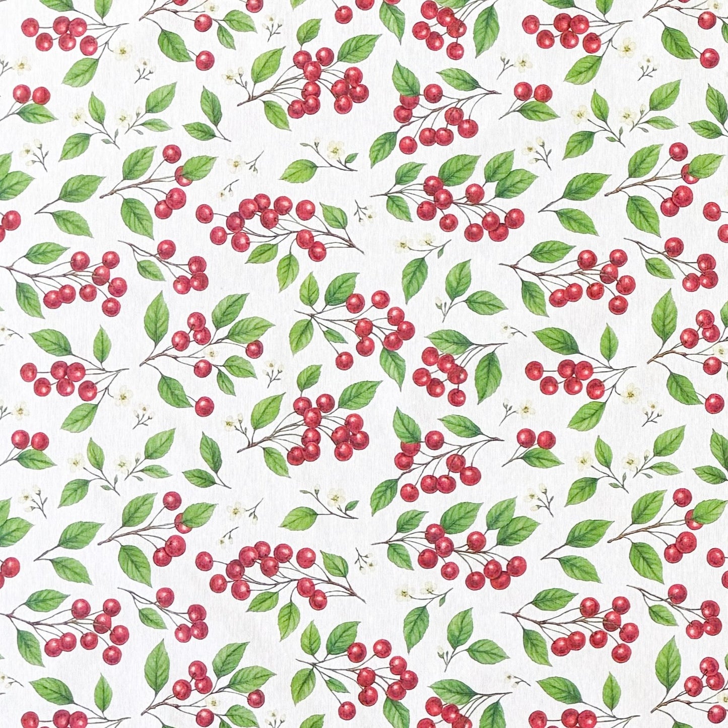 Jacquard Tischdecke aus beschichteter Baumwolle mit Kirschen, Kirschblüten und grünen Blättern auf hellem Hintergrund, fleckenabweisend und pflegeleicht.