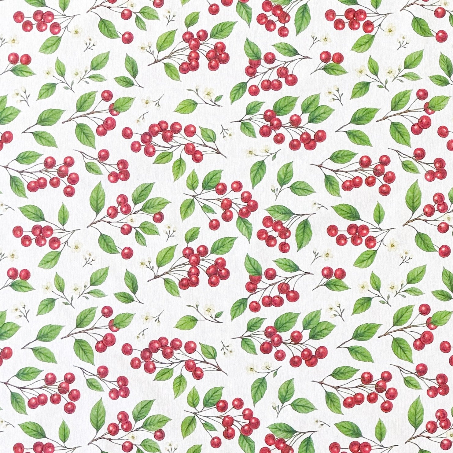Jacquard Tischdecke aus beschichteter Baumwolle mit Kirschen, Kirschblüten und grünen Blättern auf hellem Hintergrund, fleckenabweisend und pflegeleicht.