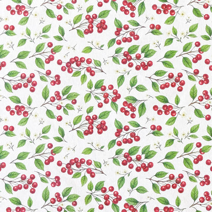 Jacquard Tischdecke aus beschichteter Baumwolle mit Kirschen, Kirschblüten und grünen Blättern auf hellem Hintergrund, fleckenabweisend und pflegeleicht.