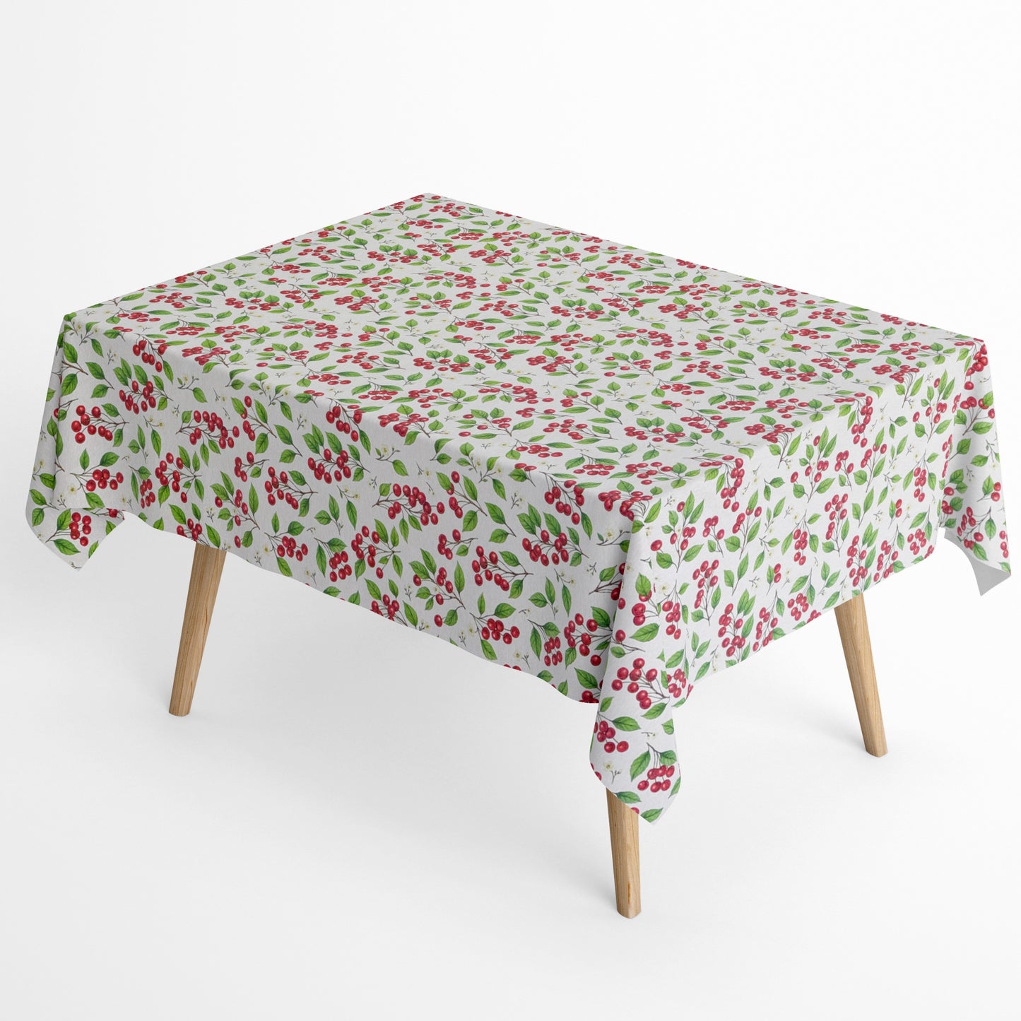 Jacquard Tischdecke aus beschichteter Baumwolle mit Kirschen, Kirschblüten und grünen Blättern auf hellem Hintergrund, fleckenabweisend und pflegeleicht.