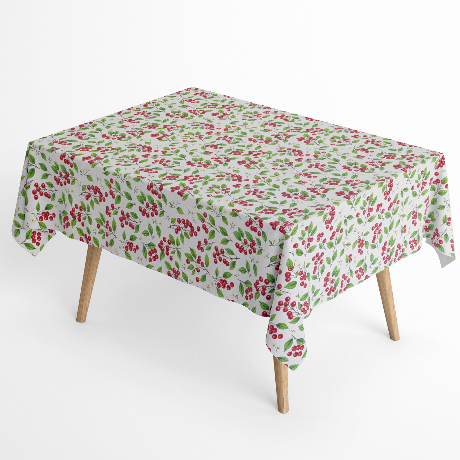 Jacquard Tischdecke aus beschichteter Baumwolle mit Kirschen, Kirschblüten und grünen Blättern auf hellem Hintergrund, fleckenabweisend und pflegeleicht.