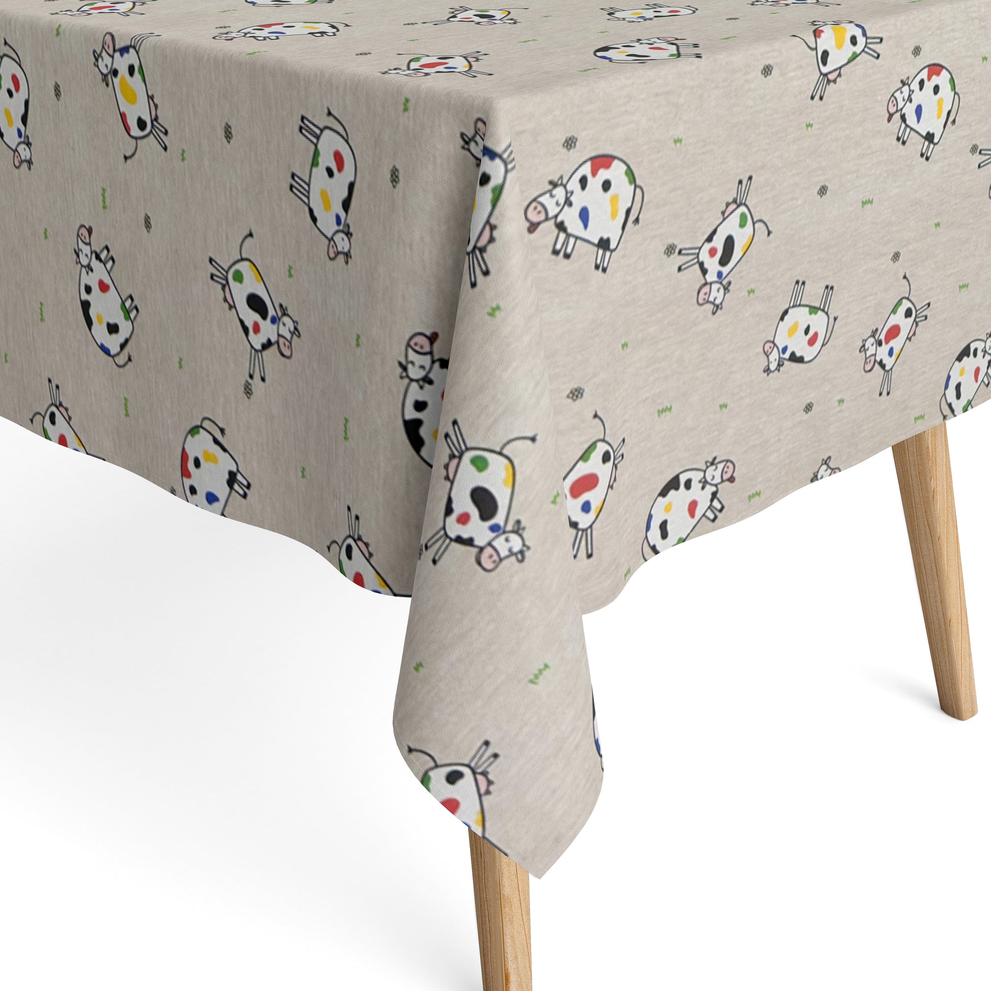 Jacquard-Tischdecke aus beschichteter Baumwolle in Natur mit buntem Kuhmotiv, fleckenabweisend.
